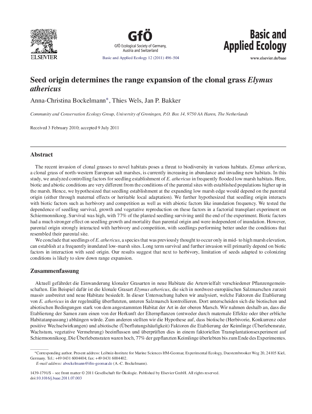 Seed origin determines the range expansion of the clonal grass Elymus athericus