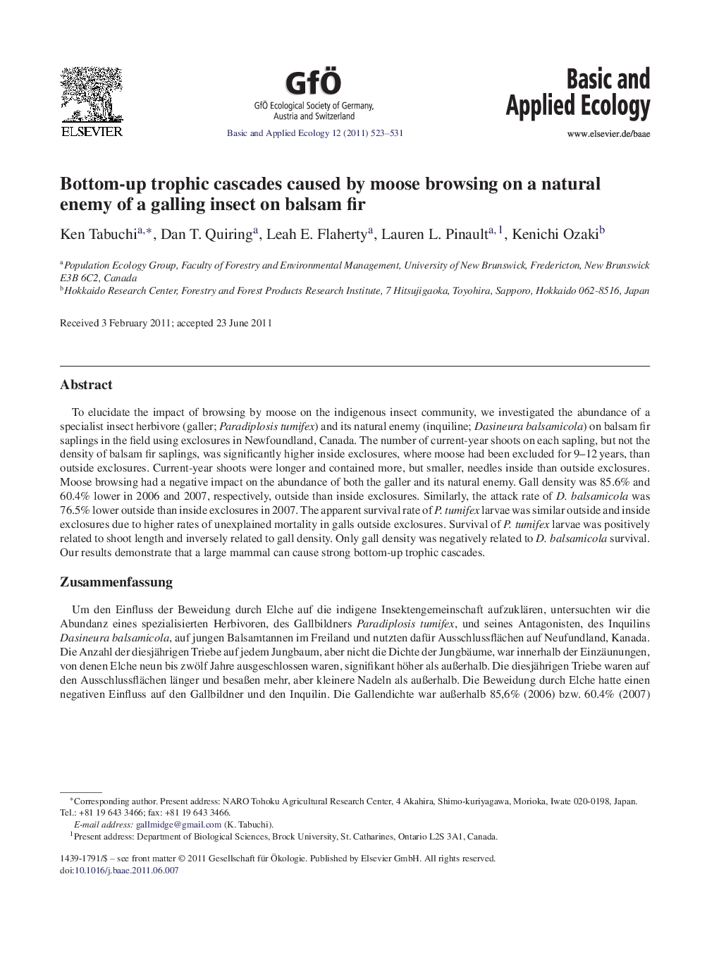 Bottom-up trophic cascades caused by moose browsing on a natural enemy of a galling insect on balsam fir