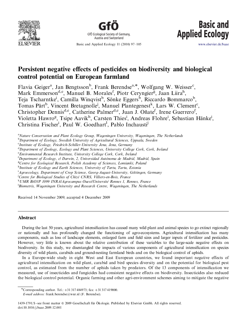 Persistent negative effects of pesticides on biodiversity and biological control potential on European farmland