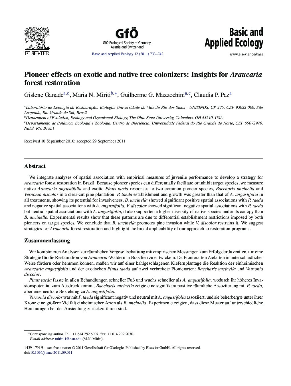 Pioneer effects on exotic and native tree colonizers: Insights for Araucaria forest restoration