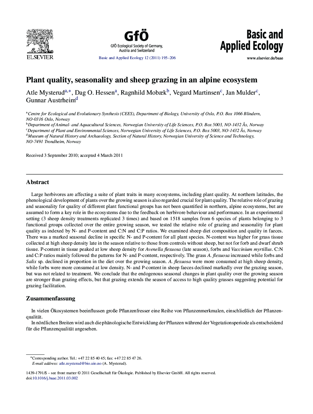 Plant quality, seasonality and sheep grazing in an alpine ecosystem