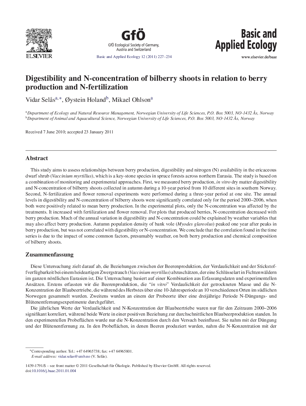 Digestibility and N-concentration of bilberry shoots in relation to berry production and N-fertilization