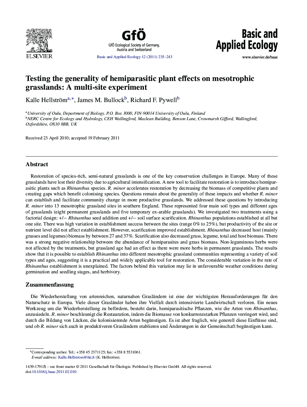 Testing the generality of hemiparasitic plant effects on mesotrophic grasslands: A multi-site experiment