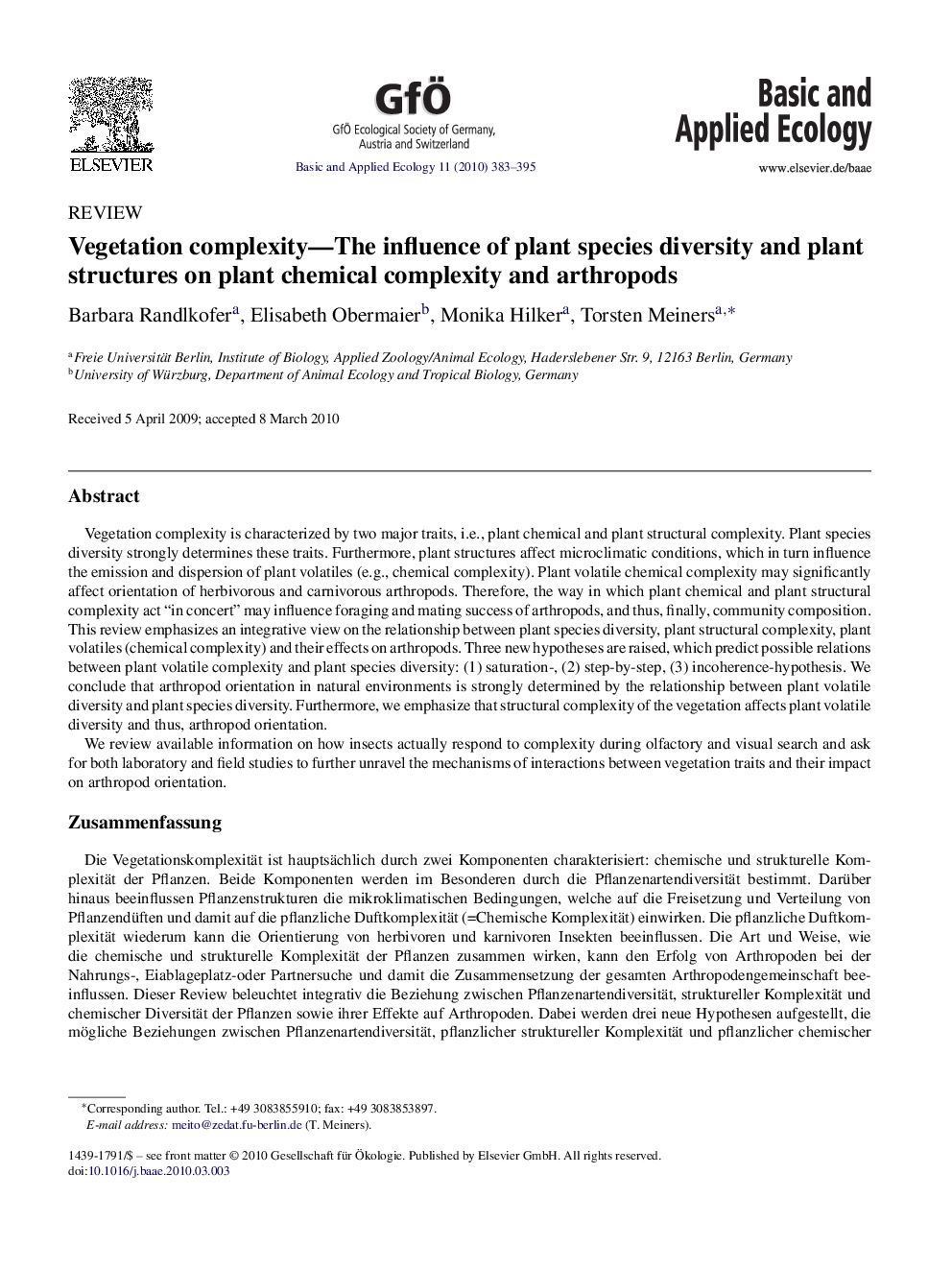 Vegetation complexity—The influence of plant species diversity and plant structures on plant chemical complexity and arthropods