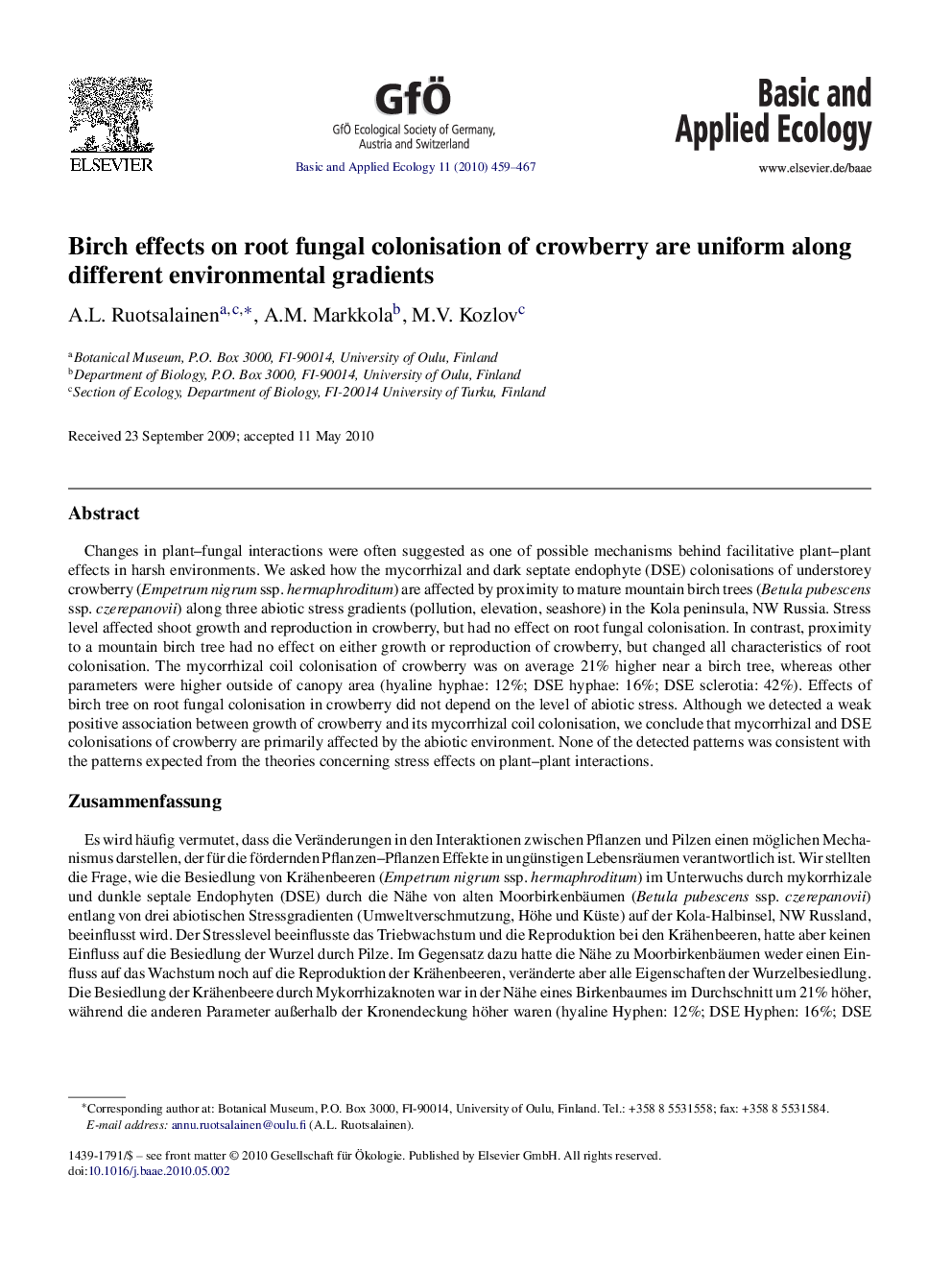 Birch effects on root fungal colonisation of crowberry are uniform along different environmental gradients