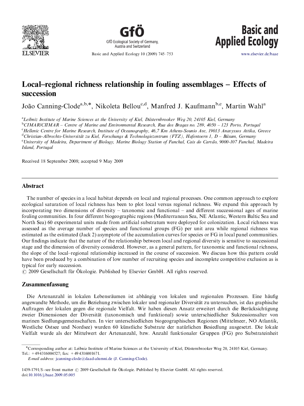 Local–regional richness relationship in fouling assemblages – Effects of succession