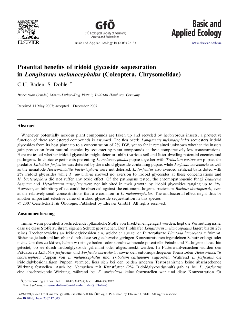 Potential benefits of iridoid glycoside sequestration in Longitarsus melanocephalus (Coleoptera, Chrysomelidae)