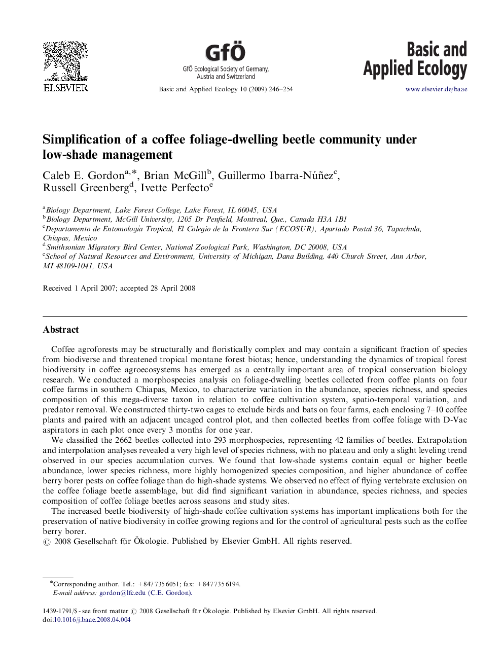 Simplification of a coffee foliage-dwelling beetle community under low-shade management