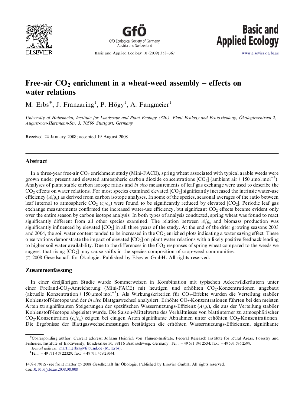 Free-air CO2 enrichment in a wheat-weed assembly – effects on water relations