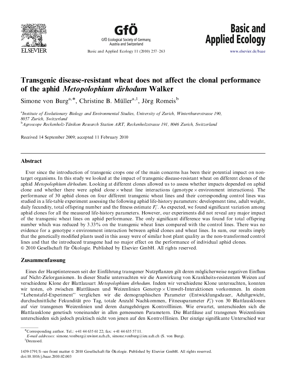 Transgenic disease-resistant wheat does not affect the clonal performance of the aphid Metopolophium dirhodum Walker