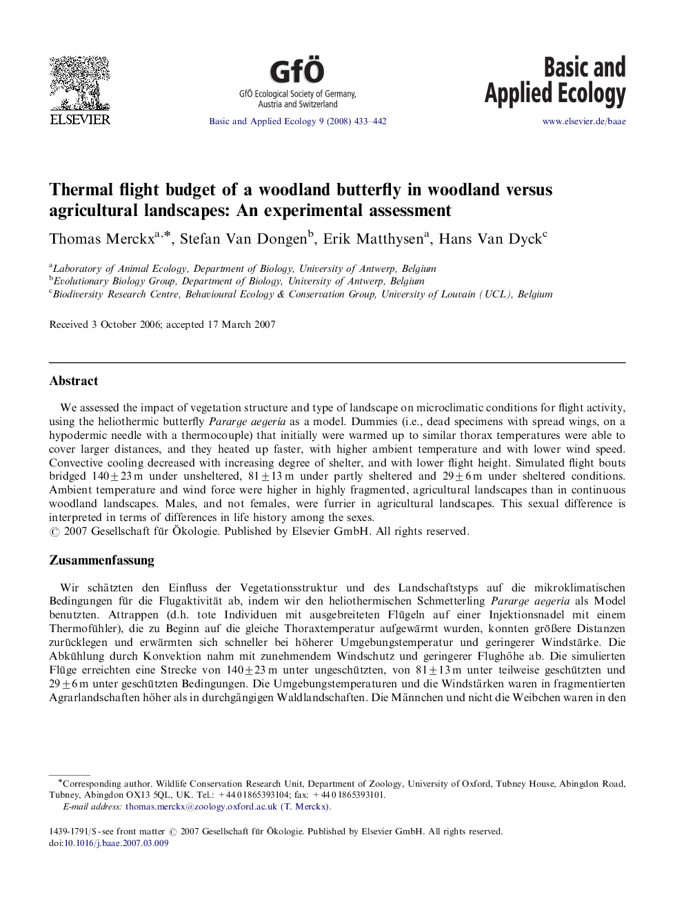 Thermal flight budget of a woodland butterfly in woodland versus agricultural landscapes: An experimental assessment