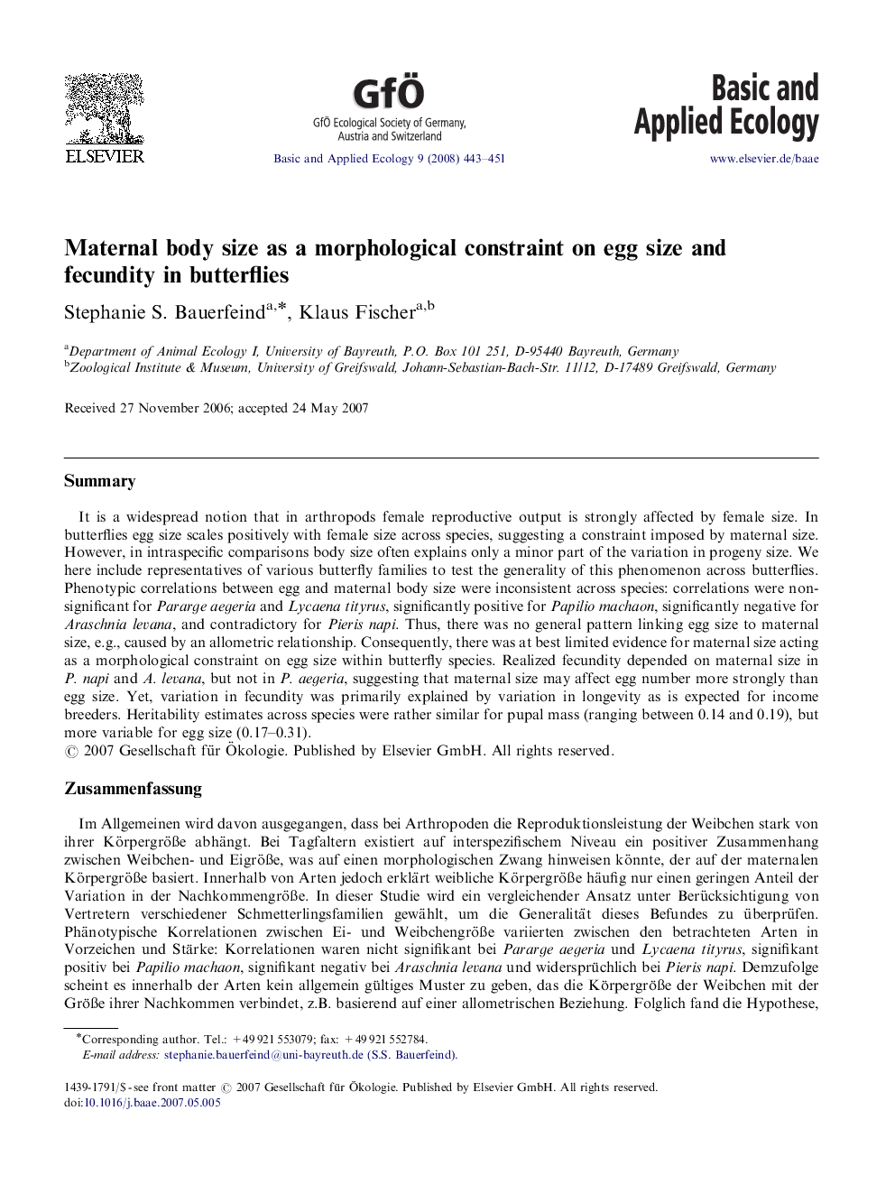 Maternal body size as a morphological constraint on egg size and fecundity in butterflies