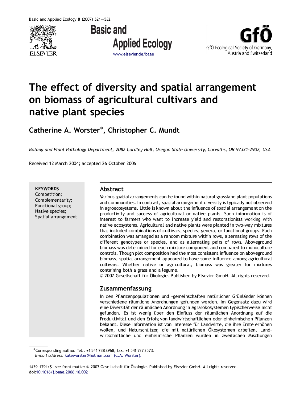 The effect of diversity and spatial arrangement on biomass of agricultural cultivars and native plant species