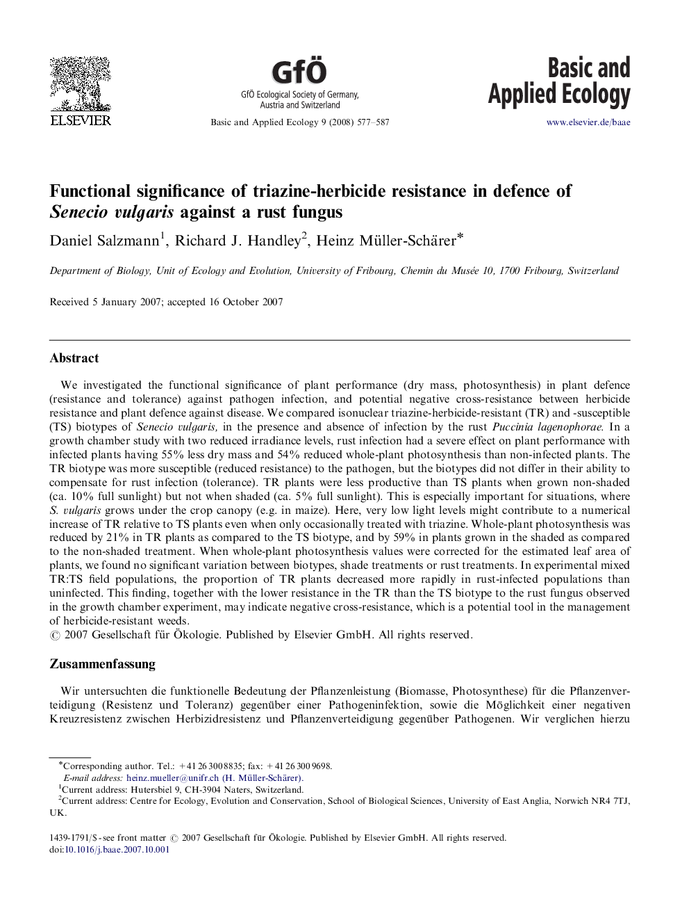 Functional significance of triazine-herbicide resistance in defence of Senecio vulgaris against a rust fungus