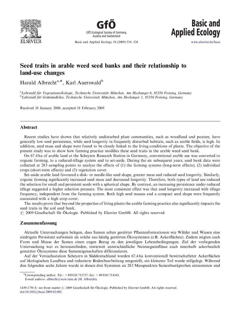 Seed traits in arable weed seed banks and their relationship to land-use changes