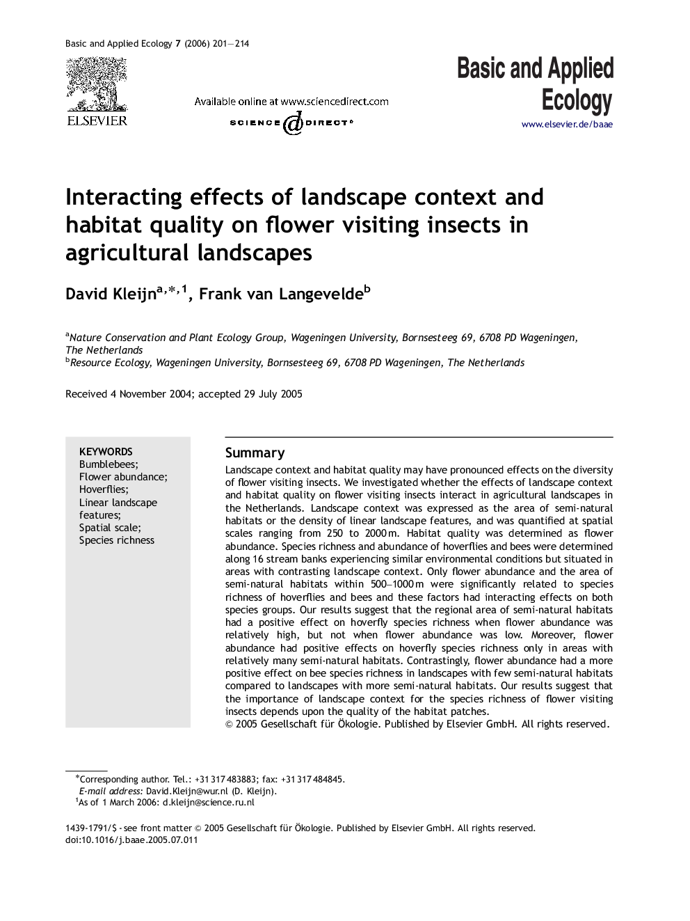 Interacting effects of landscape context and habitat quality on flower visiting insects in agricultural landscapes