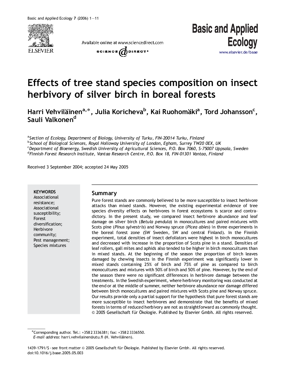 Effects of tree stand species composition on insect herbivory of silver birch in boreal forests