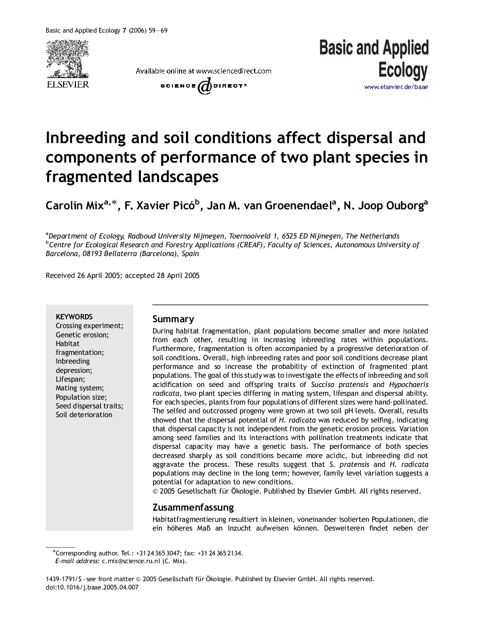 Inbreeding and soil conditions affect dispersal and components of performance of two plant species in fragmented landscapes