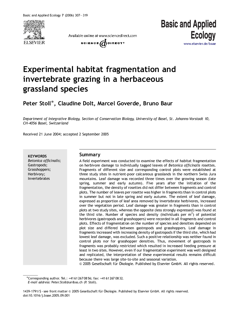 Experimental habitat fragmentation and invertebrate grazing in a herbaceous grassland species