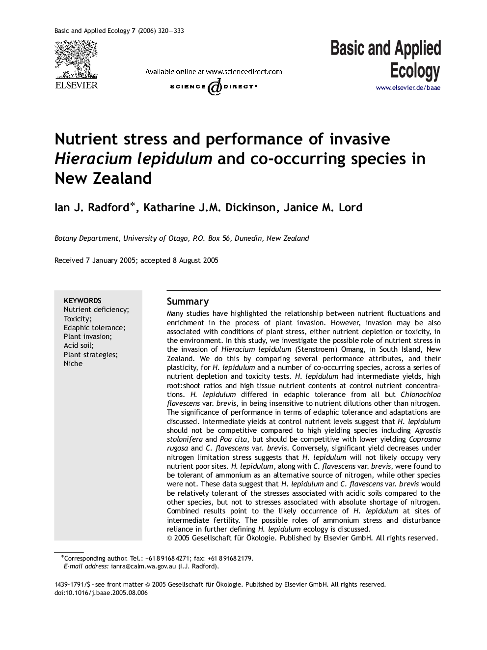 Nutrient stress and performance of invasive Hieracium lepidulum and co-occurring species in New Zealand