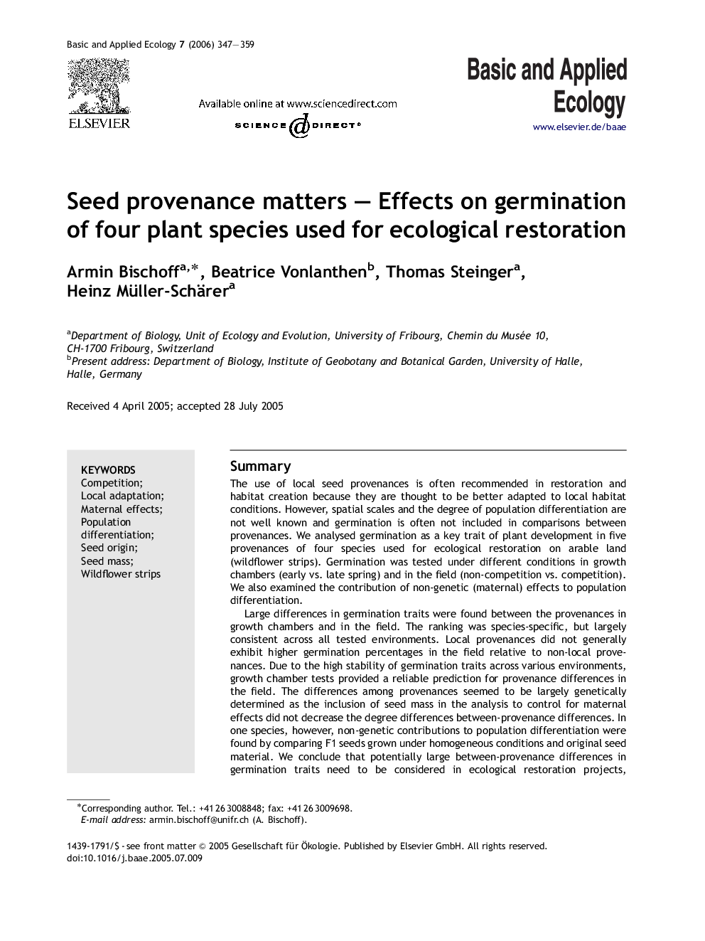 Seed provenance matters — Effects on germination of four plant species used for ecological restoration