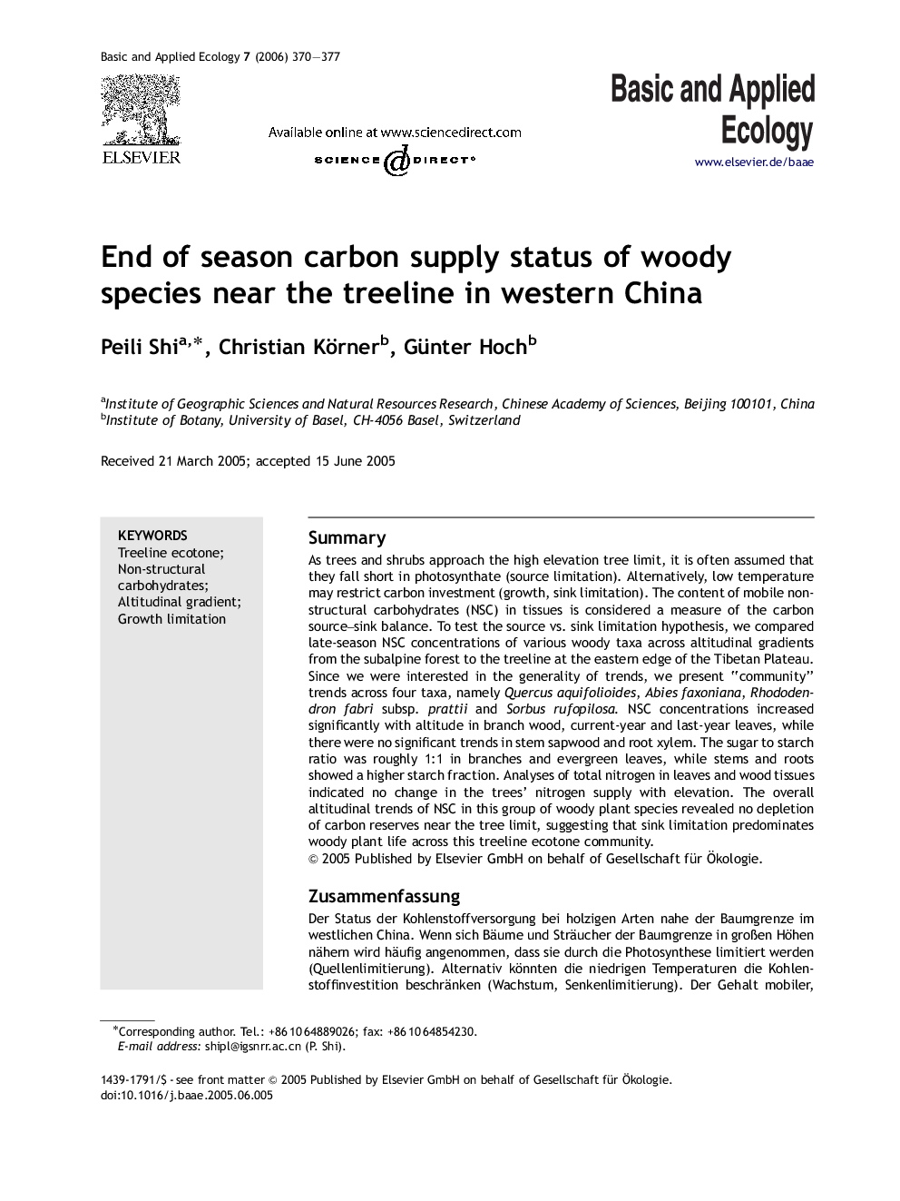End of season carbon supply status of woody species near the treeline in western China