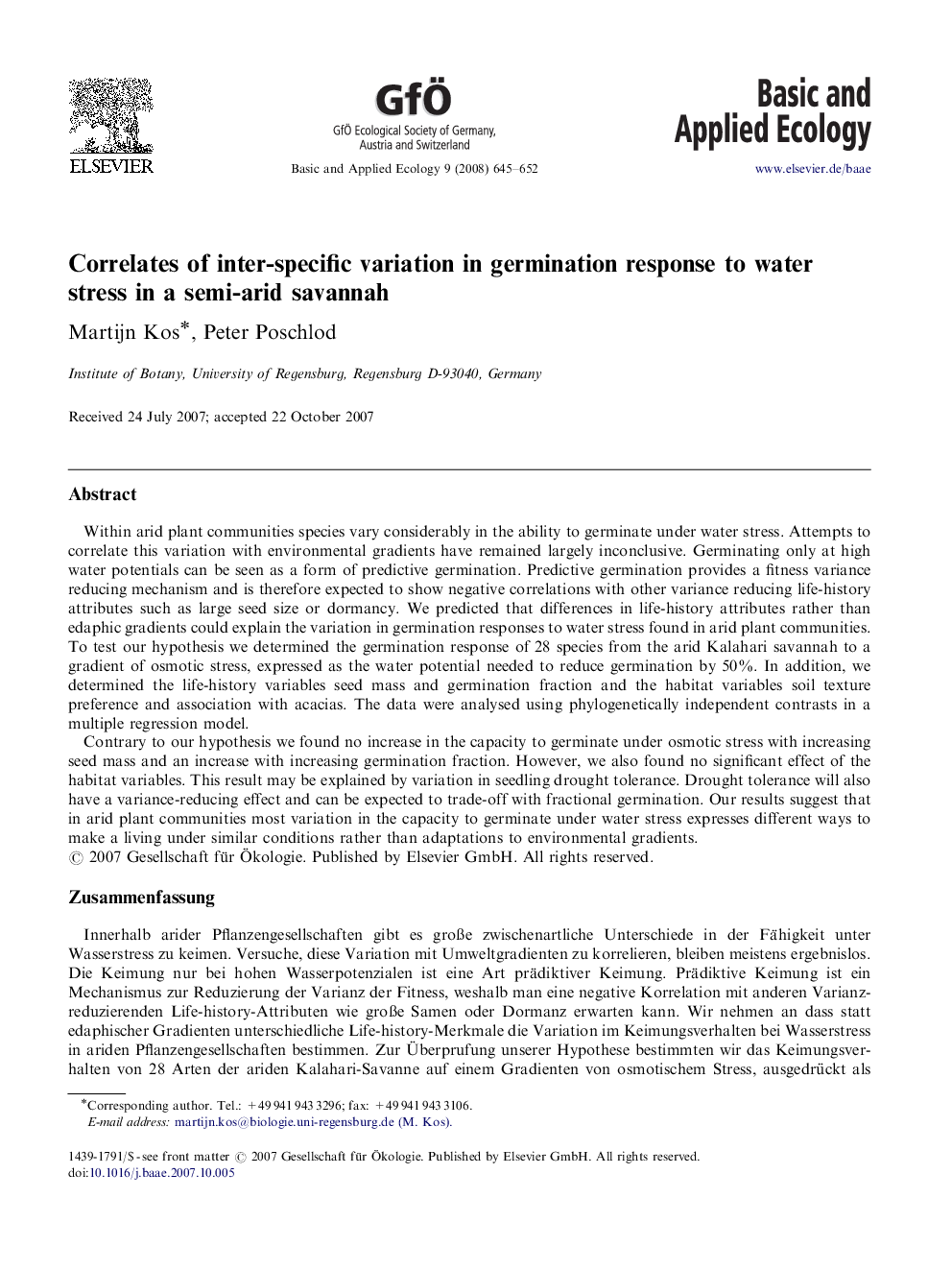 Correlates of inter-specific variation in germination response to water stress in a semi-arid savannah