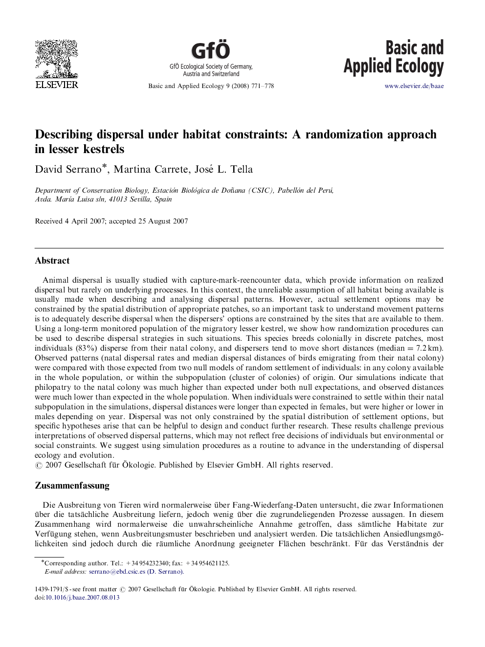 Describing dispersal under habitat constraints: A randomization approach in lesser kestrels