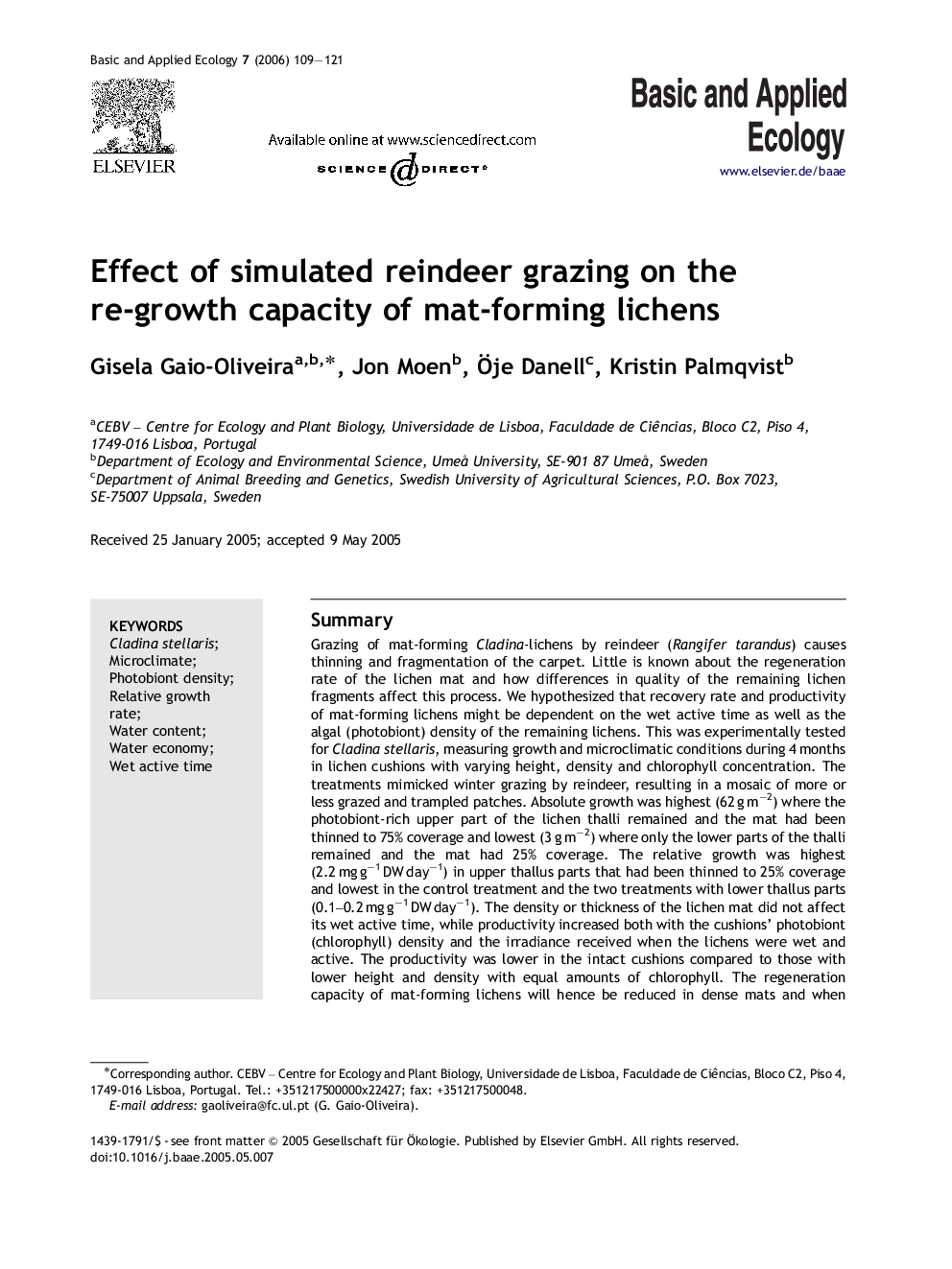 Effect of simulated reindeer grazing on the re-growth capacity of mat-forming lichens