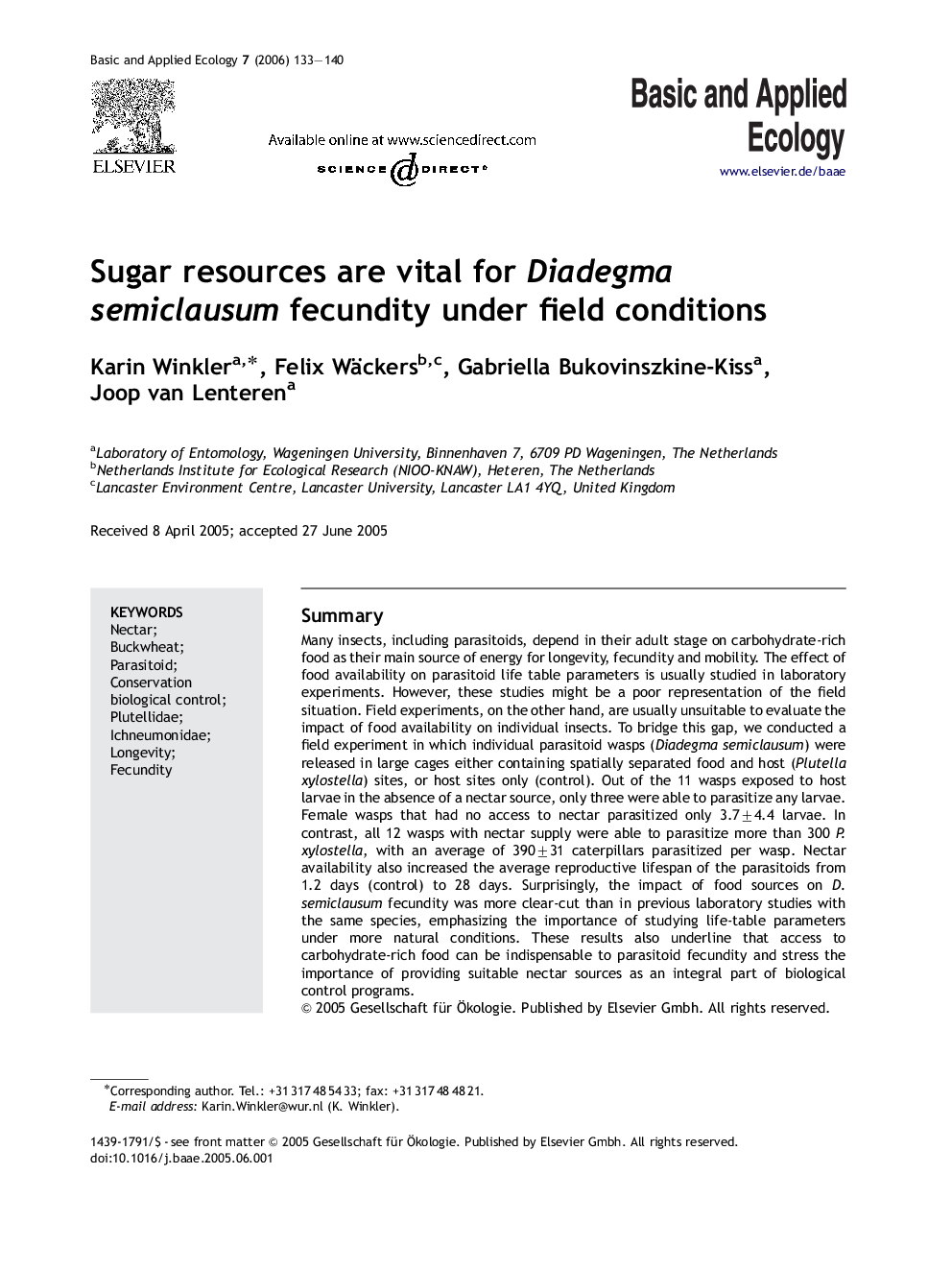 Sugar resources are vital for Diadegma semiclausum fecundity under field conditions