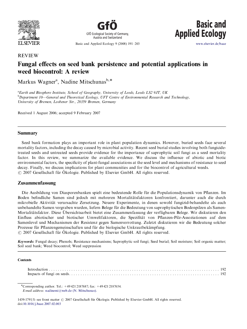 Fungal effects on seed bank persistence and potential applications in weed biocontrol: A review