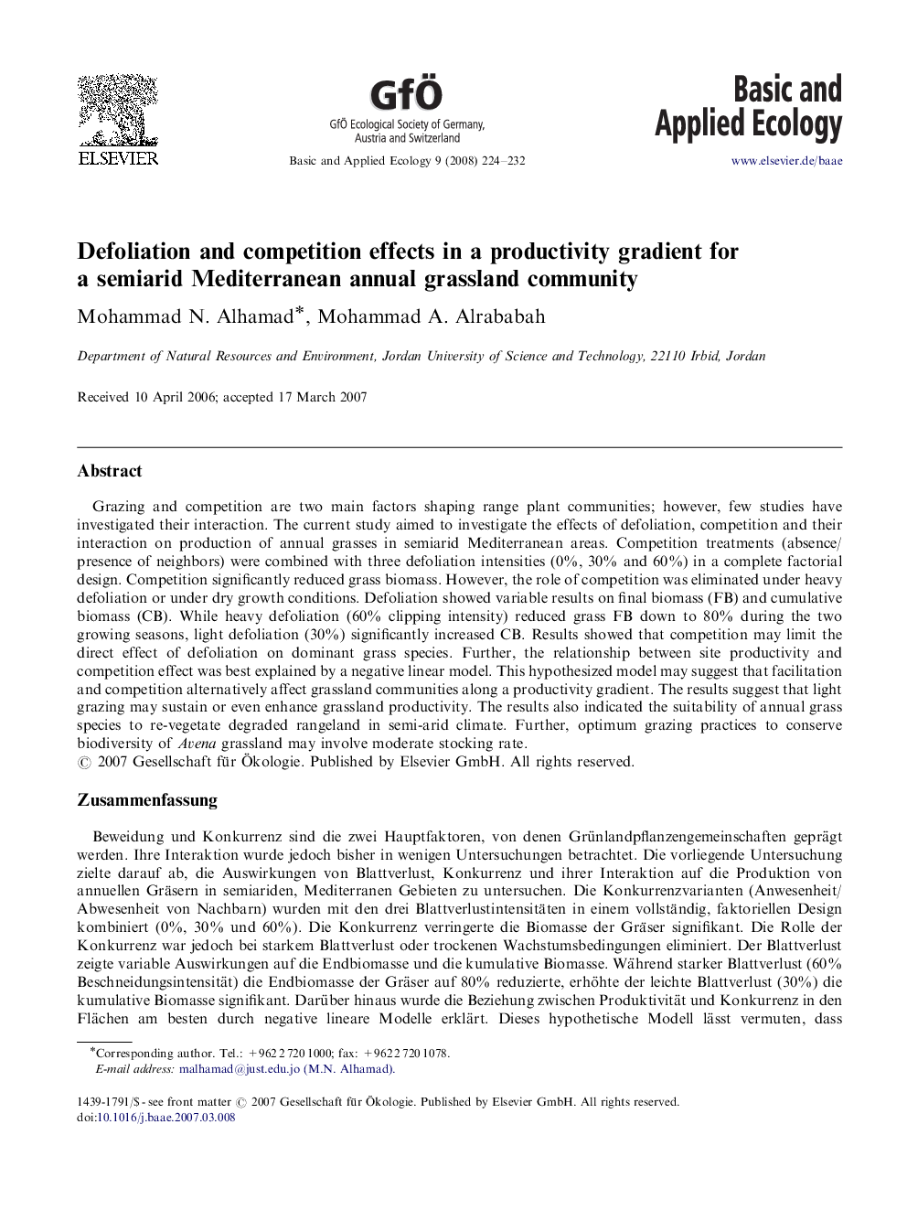 Defoliation and competition effects in a productivity gradient for a semiarid Mediterranean annual grassland community