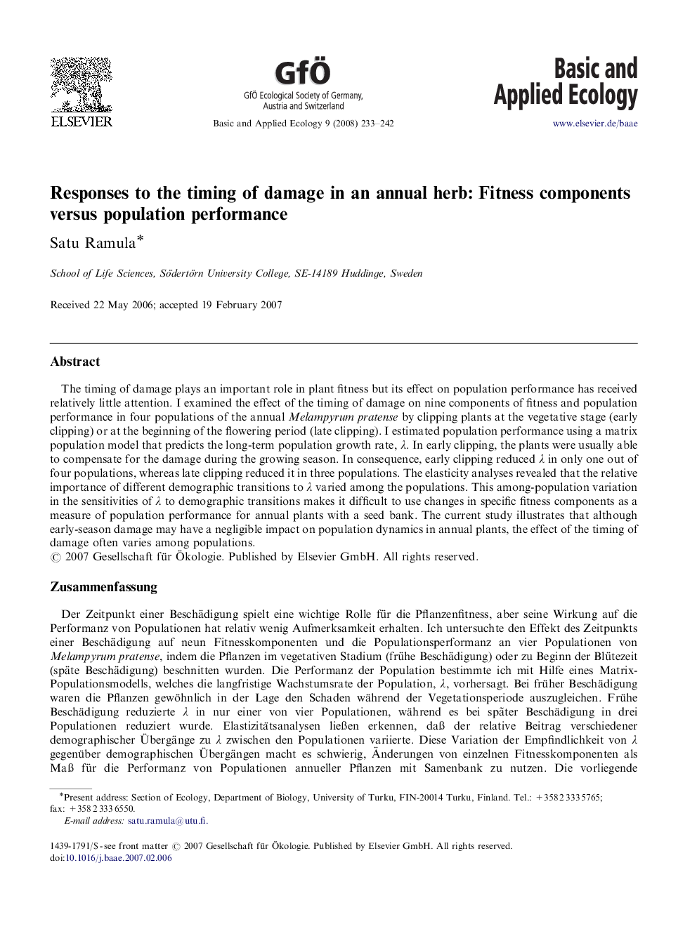 Responses to the timing of damage in an annual herb: Fitness components versus population performance