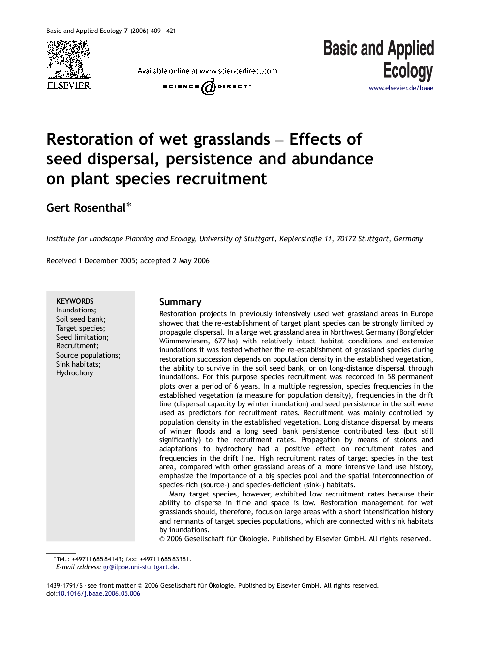 Restoration of wet grasslands – Effects of seed dispersal, persistence and abundance on plant species recruitment