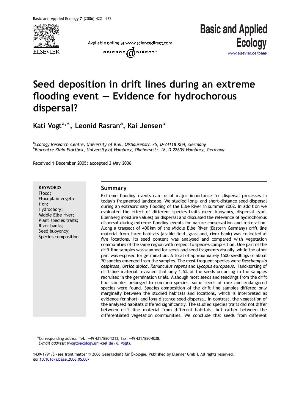 Seed deposition in drift lines during an extreme flooding event — Evidence for hydrochorous dispersal?