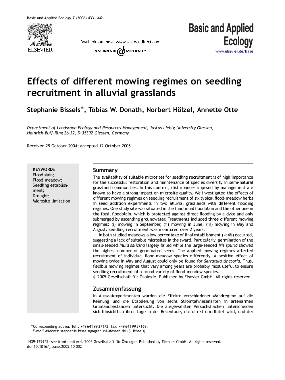 Effects of different mowing regimes on seedling recruitment in alluvial grasslands