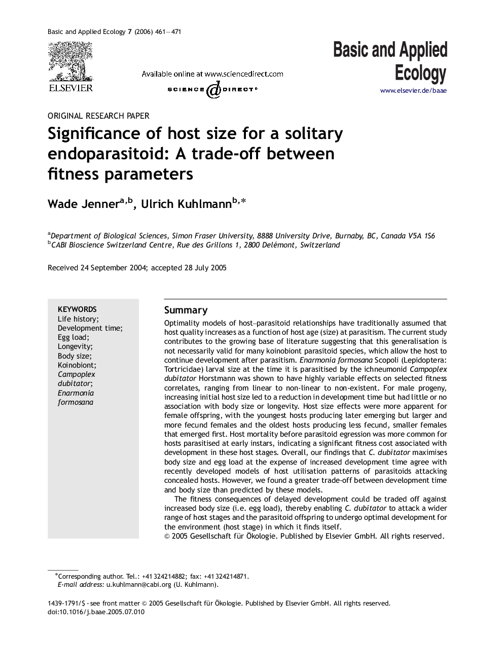 Significance of host size for a solitary endoparasitoid: A trade-off between fitness parameters