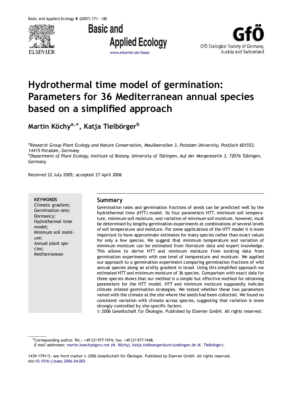 Hydrothermal time model of germination: Parameters for 36 Mediterranean annual species based on a simplified approach