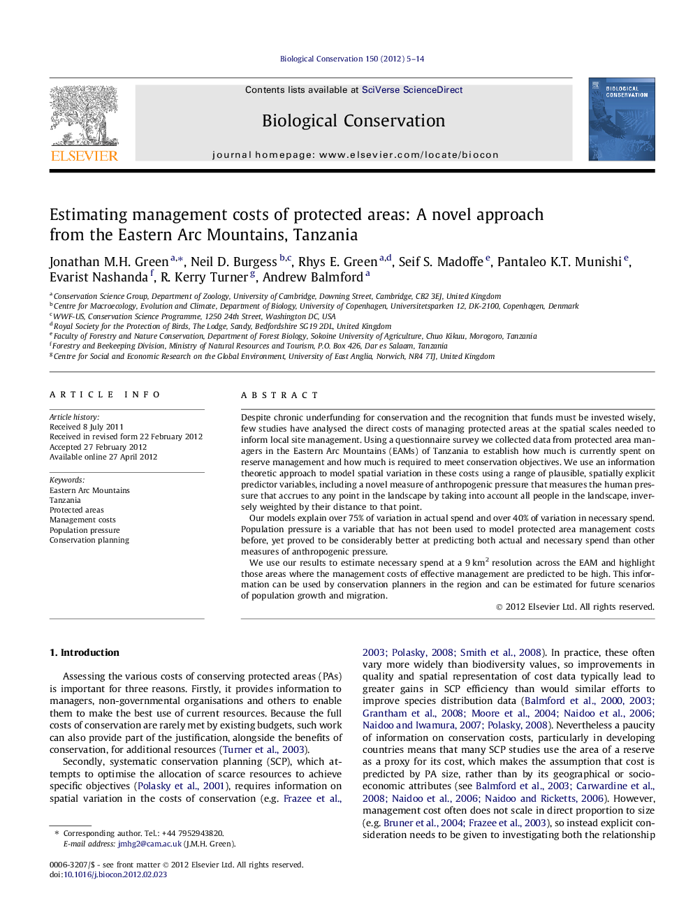 Estimating management costs of protected areas: A novel approach from the Eastern Arc Mountains, Tanzania