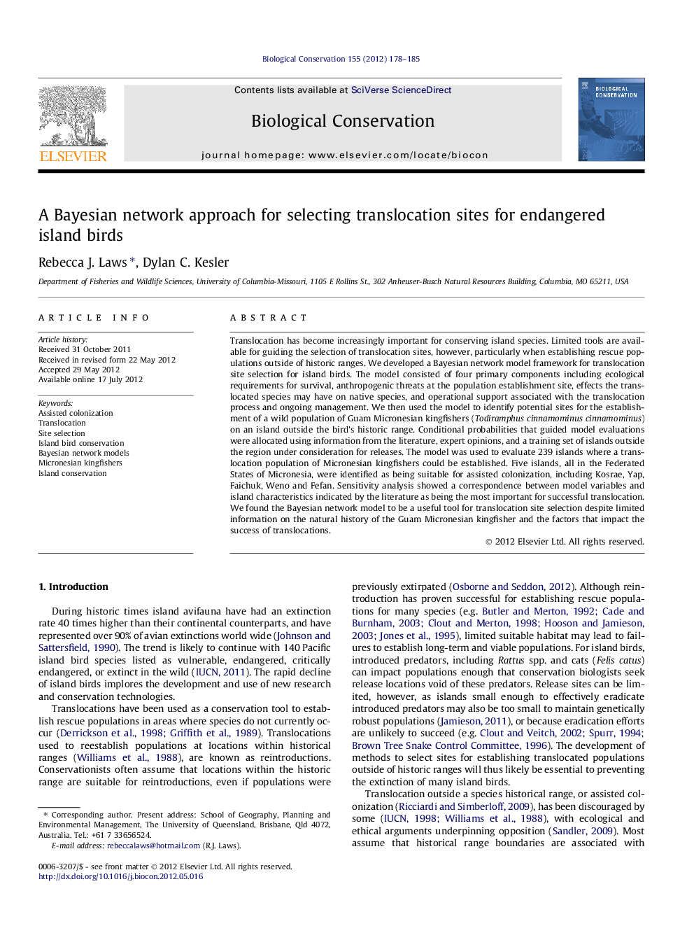 A Bayesian network approach for selecting translocation sites for endangered island birds