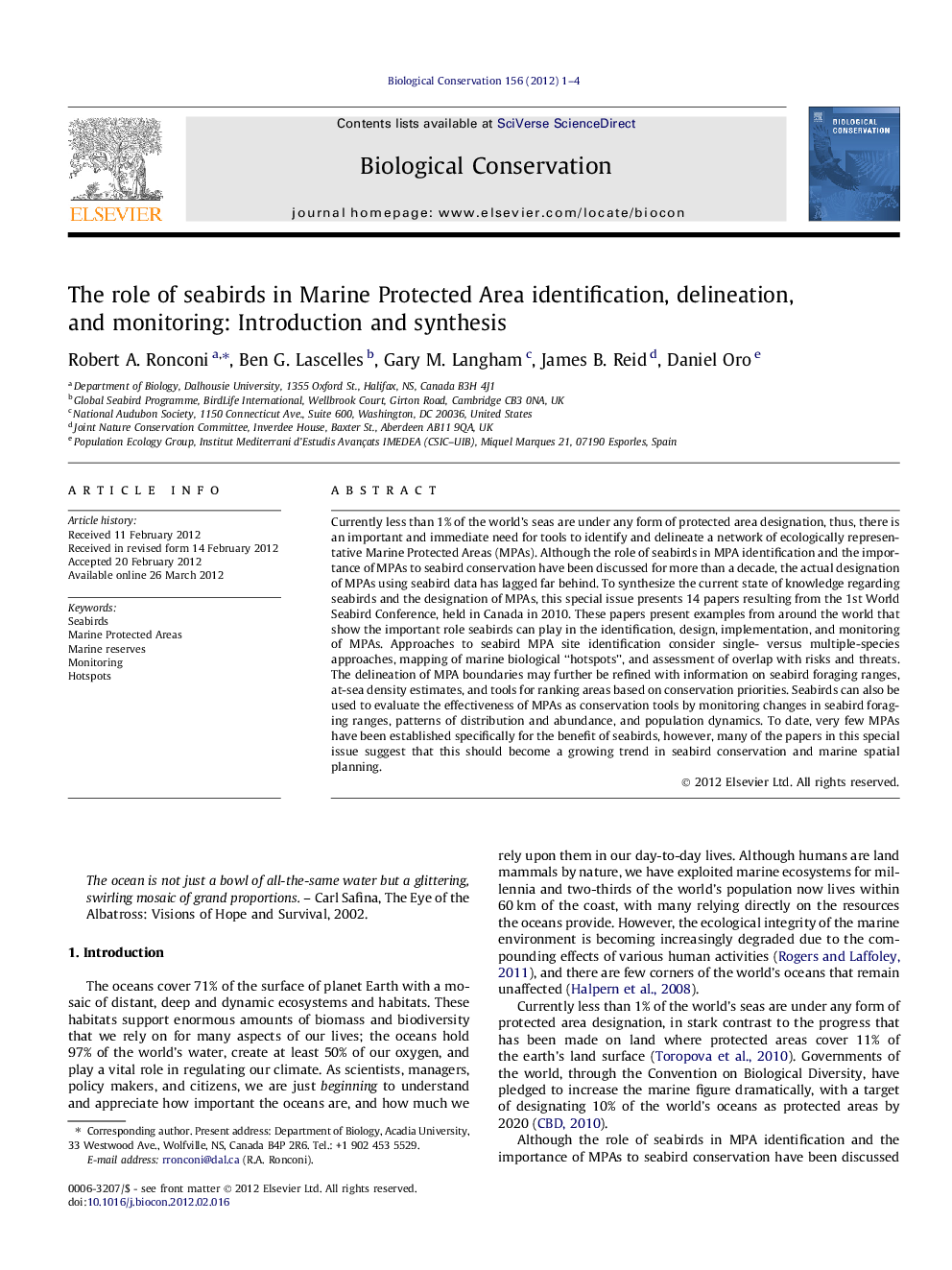 The role of seabirds in Marine Protected Area identification, delineation, and monitoring: Introduction and synthesis