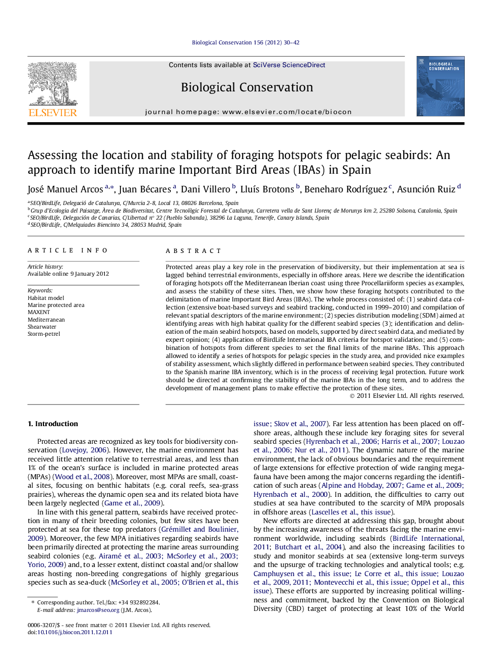 Assessing the location and stability of foraging hotspots for pelagic seabirds: An approach to identify marine Important Bird Areas (IBAs) in Spain