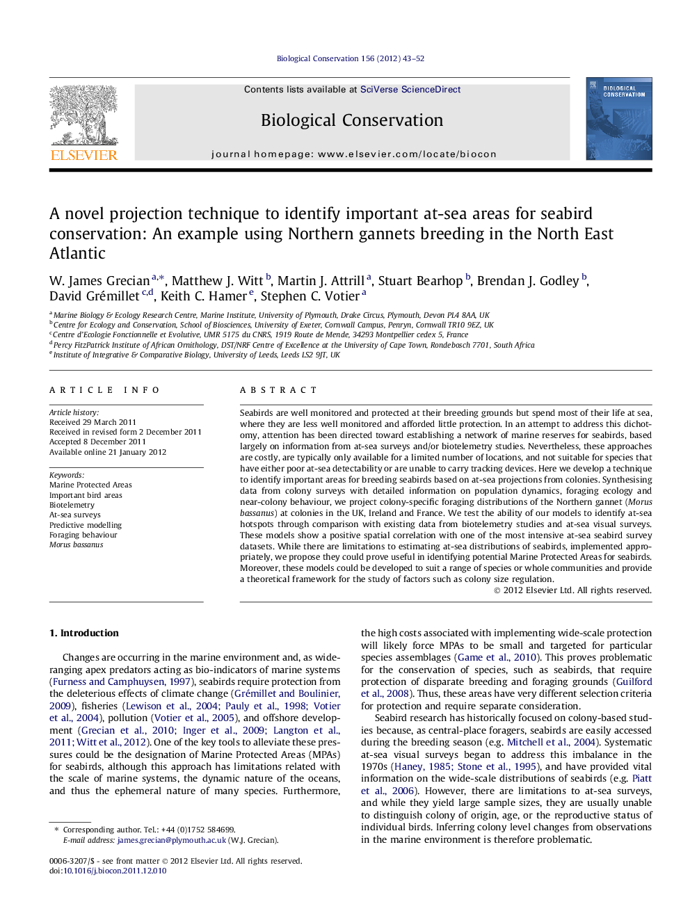 A novel projection technique to identify important at-sea areas for seabird conservation: An example using Northern gannets breeding in the North East Atlantic