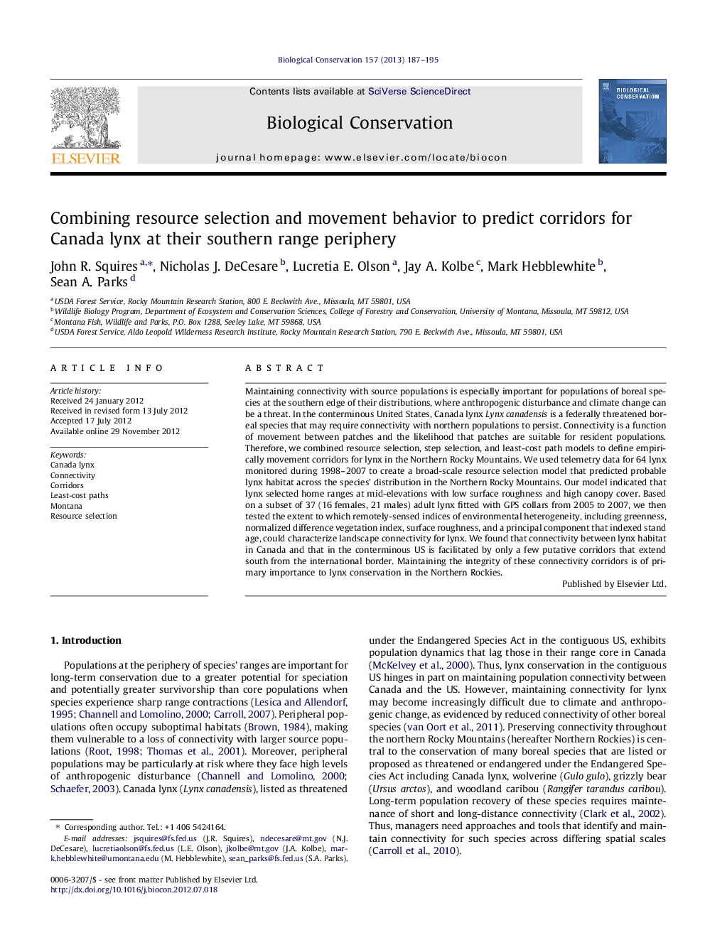 Combining resource selection and movement behavior to predict corridors for Canada lynx at their southern range periphery