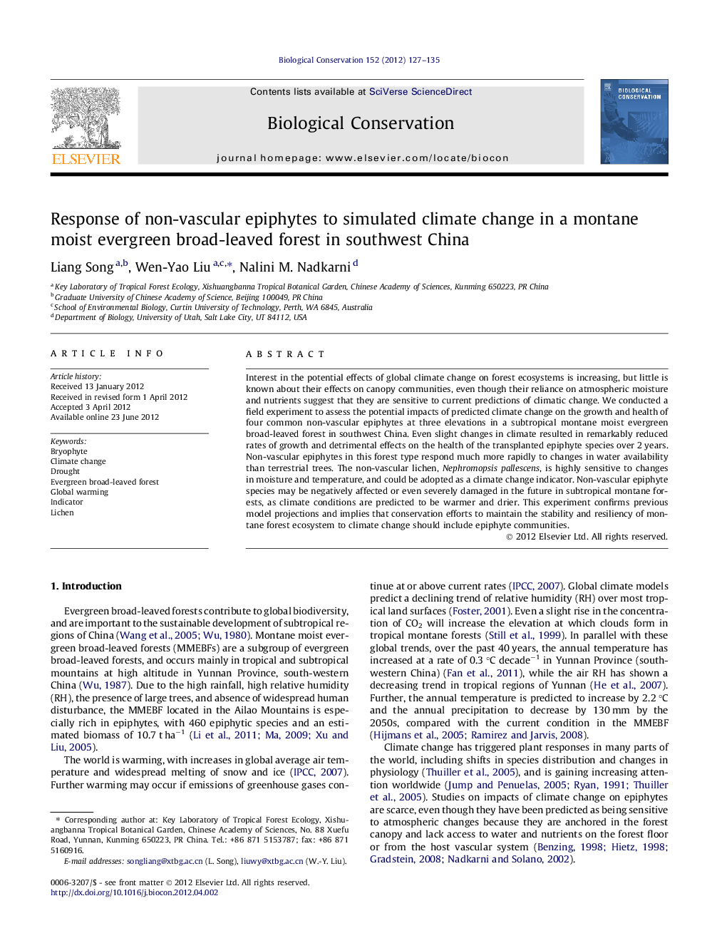 Response of non-vascular epiphytes to simulated climate change in a montane moist evergreen broad-leaved forest in southwest China