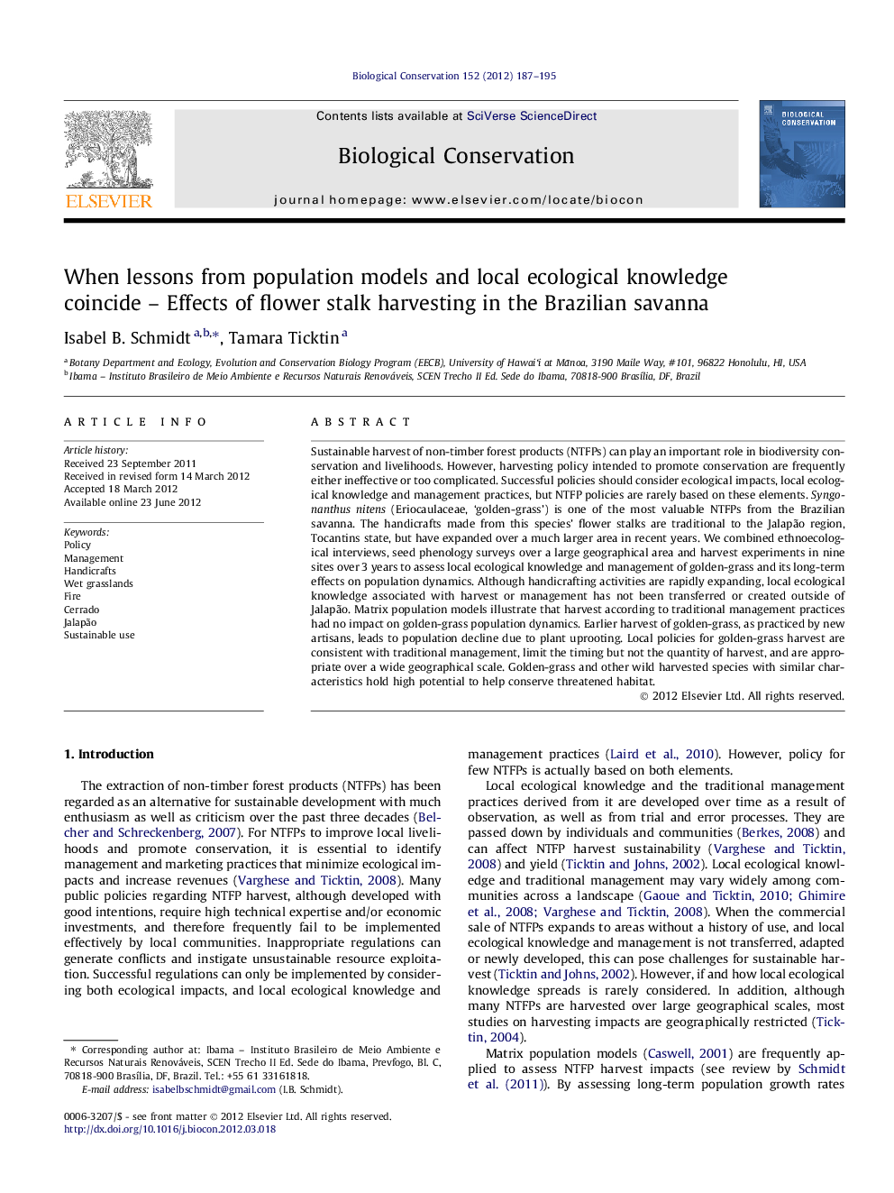 When lessons from population models and local ecological knowledge coincide – Effects of flower stalk harvesting in the Brazilian savanna