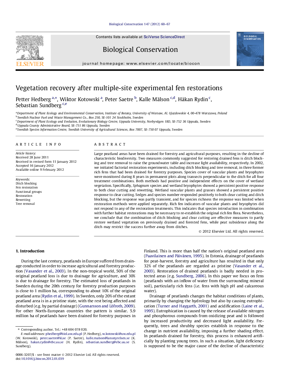 Vegetation recovery after multiple-site experimental fen restorations