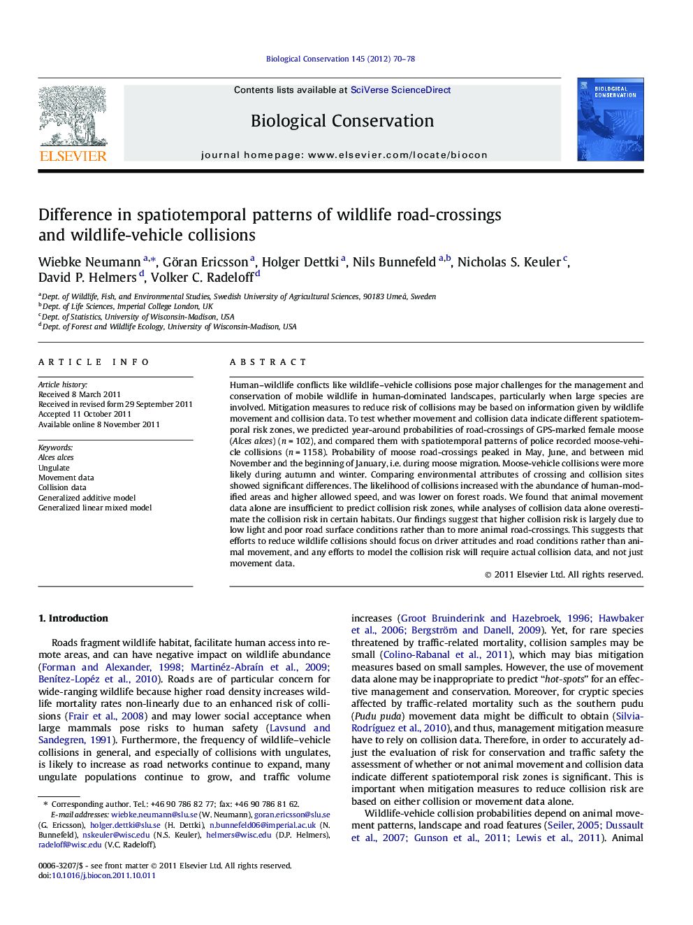 Difference in spatiotemporal patterns of wildlife road-crossings and wildlife-vehicle collisions