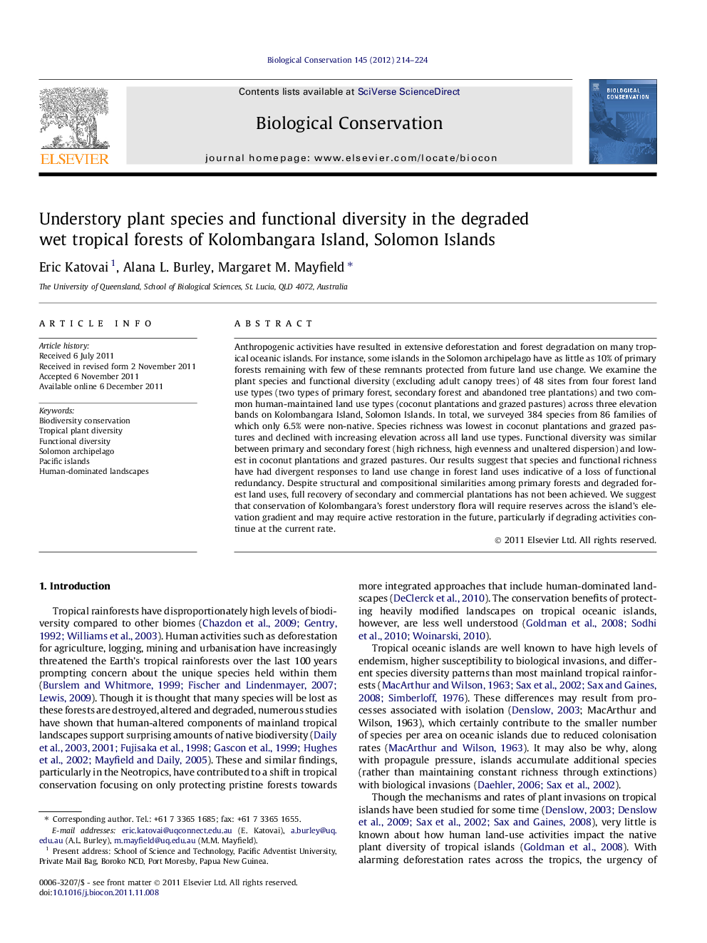 Understory plant species and functional diversity in the degraded wet tropical forests of Kolombangara Island, Solomon Islands