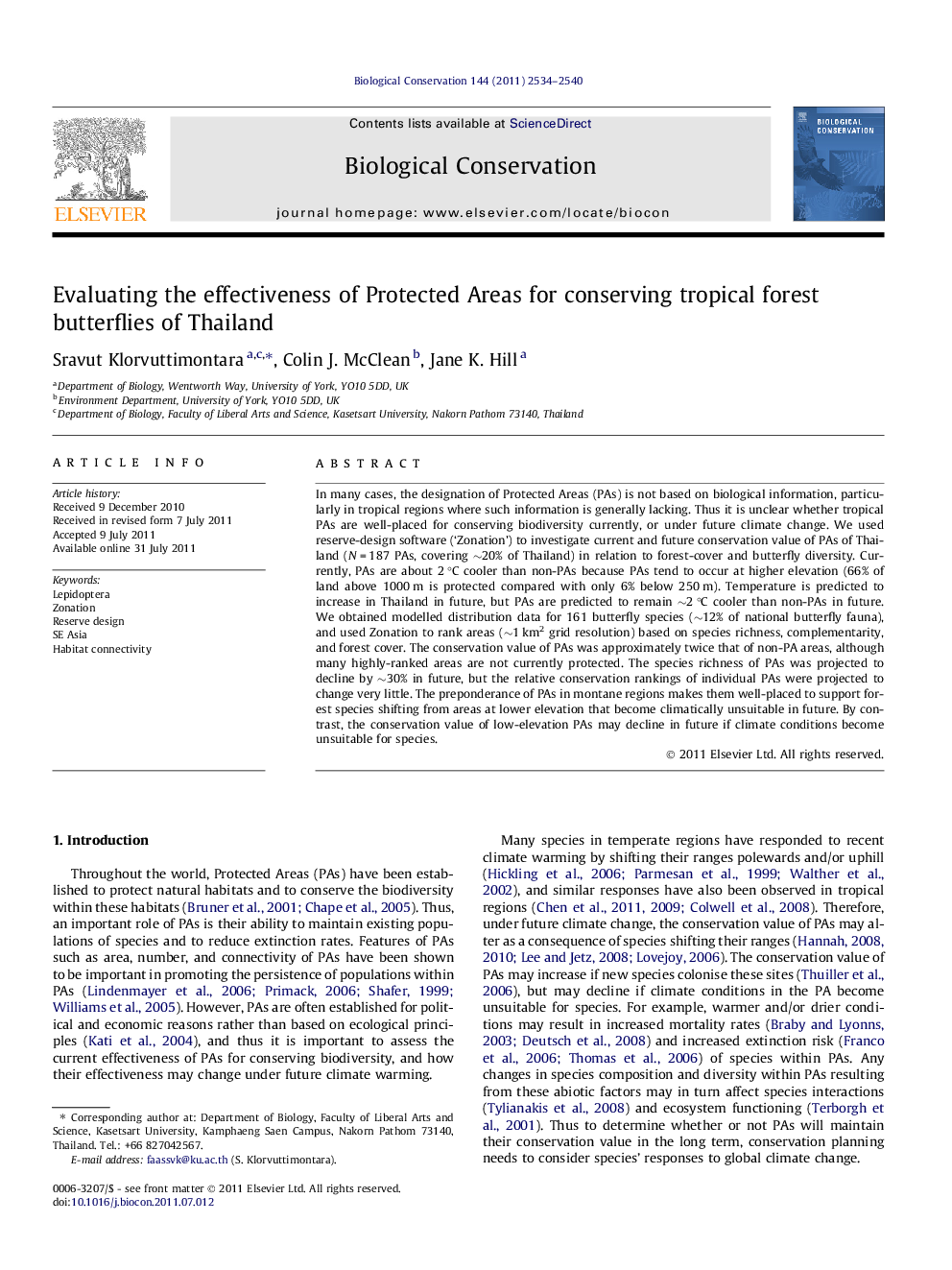 Evaluating the effectiveness of Protected Areas for conserving tropical forest butterflies of Thailand